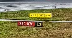 A yellow sign reading “M6 ↑ | 3972m →” above a red “25C-07C” designator and yellow “L3” location panel.