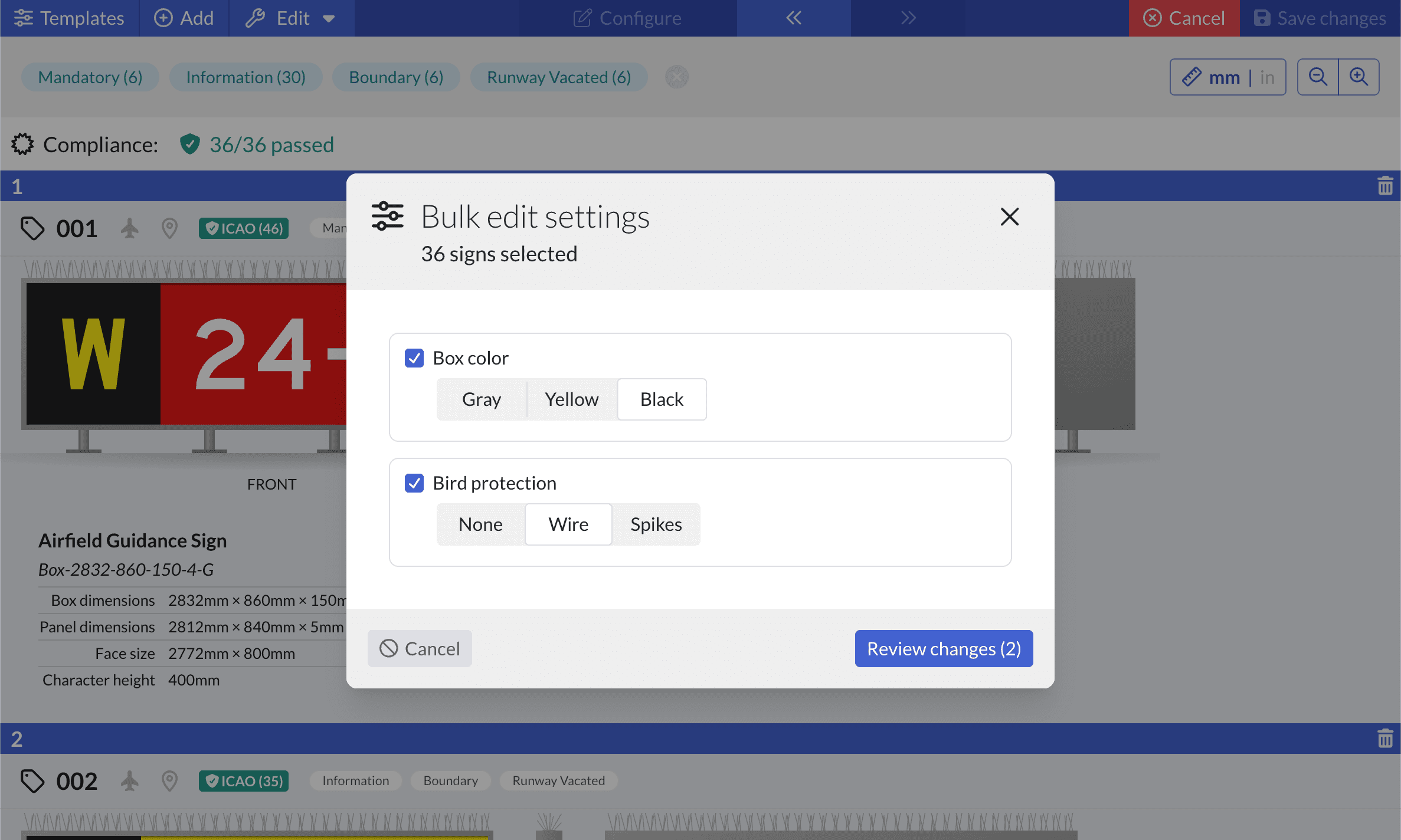 Bulk edit settings dialog applying box color and bird protection to 36 selected signs at once