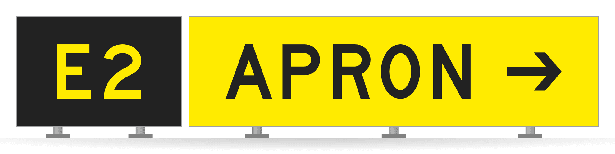 [E2 | APRON→] Location sign E2 beside destination sign APRON with arrow
