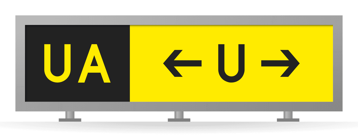 [UA ←U→] Direction assembly: location sign UA with direction signs for taxiway U to the left and right, in a gray sign box