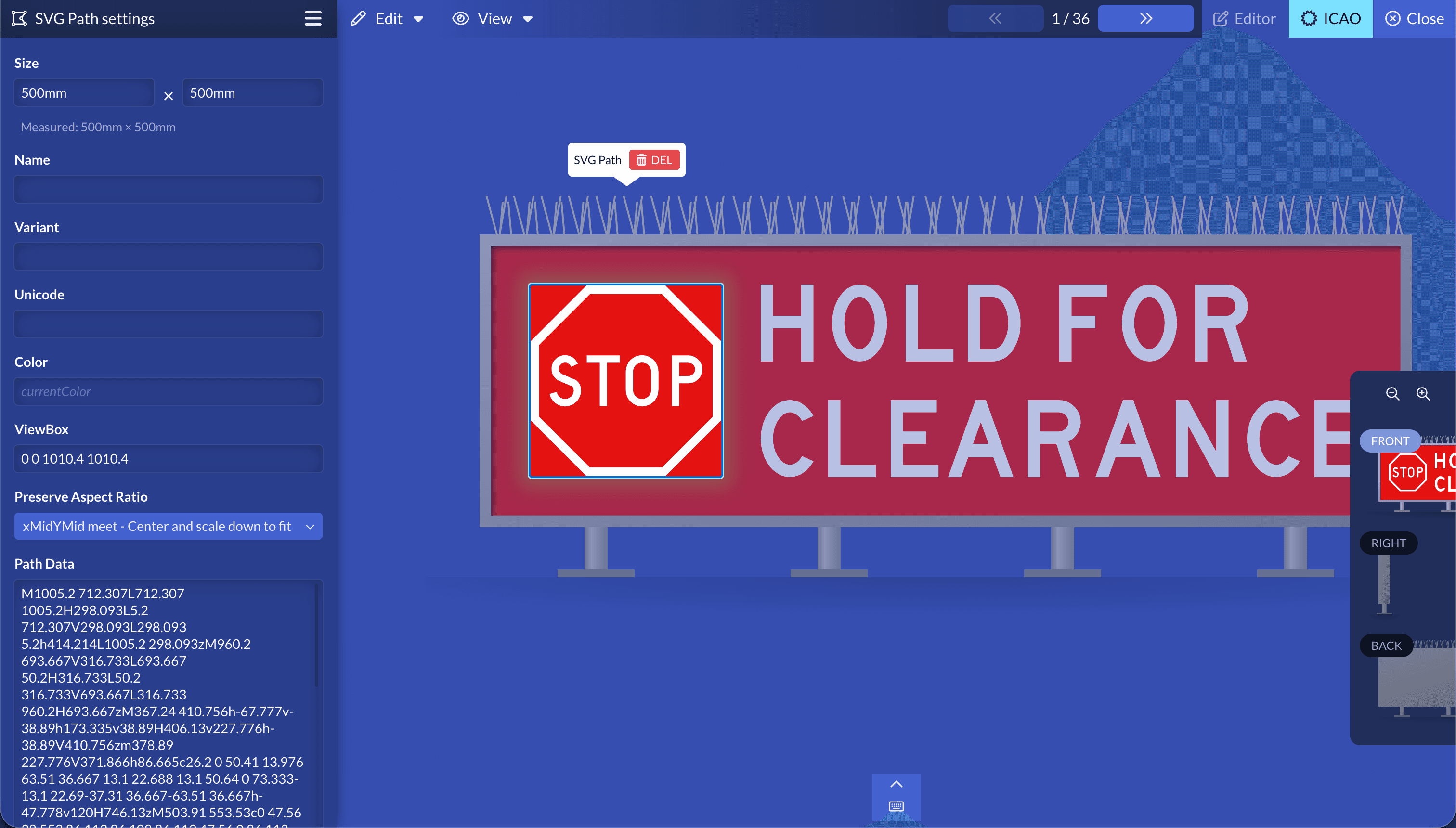 The SVG Path settings panel with size, viewBox and path data fields, placing a custom STOP-sign symbol on a sign