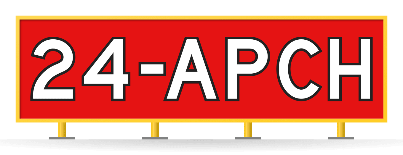 [24-APCH] Runway approach area holding position sign: white 24-APCH inscription with black outline on red, in a yellow-framed sign box