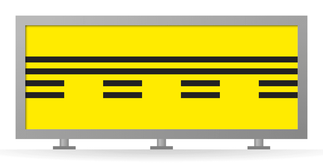 [Runway boundary symbol] Runway boundary sign: two solid bars over dashed bars on yellow, in a gray-framed sign box