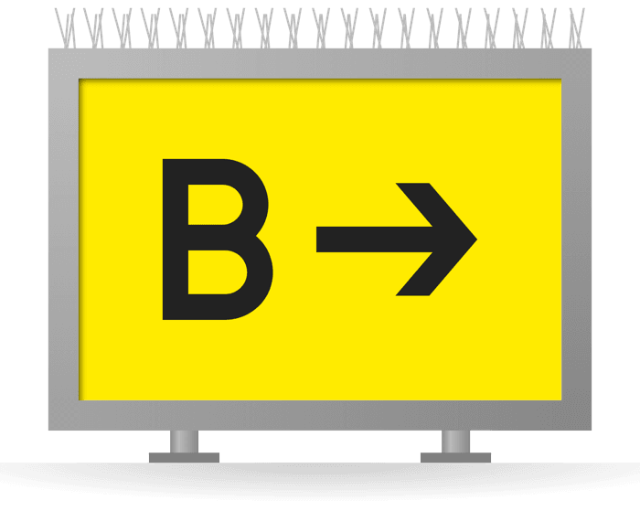 [B→] Runway exit sign with 400 mm legend: black arrow and exit taxiway designation B on yellow, in a gray sign box with bird deterrent spikes