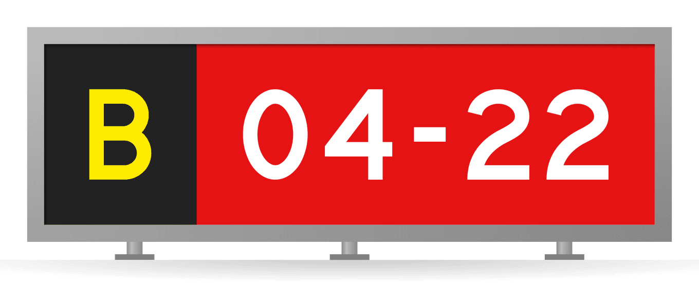 [B 04-22] Combined sign at a runway holding position: yellow-on-black location sign B and red runway designation sign 04-22 in a gray steel sign box
