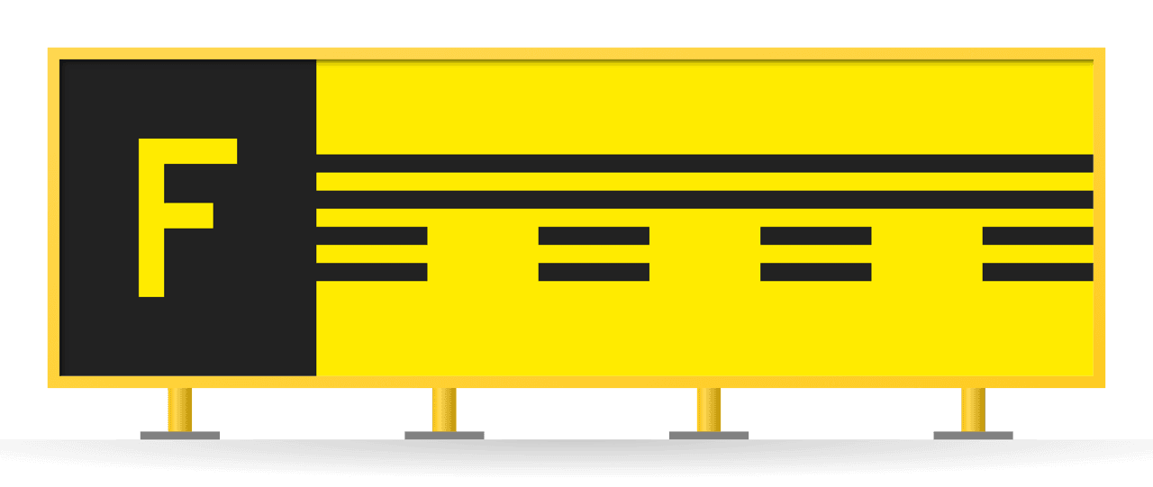 [F + runway vacated symbol] Location sign F beside the runway vacated symbol on yellow, in a yellow-framed sign box