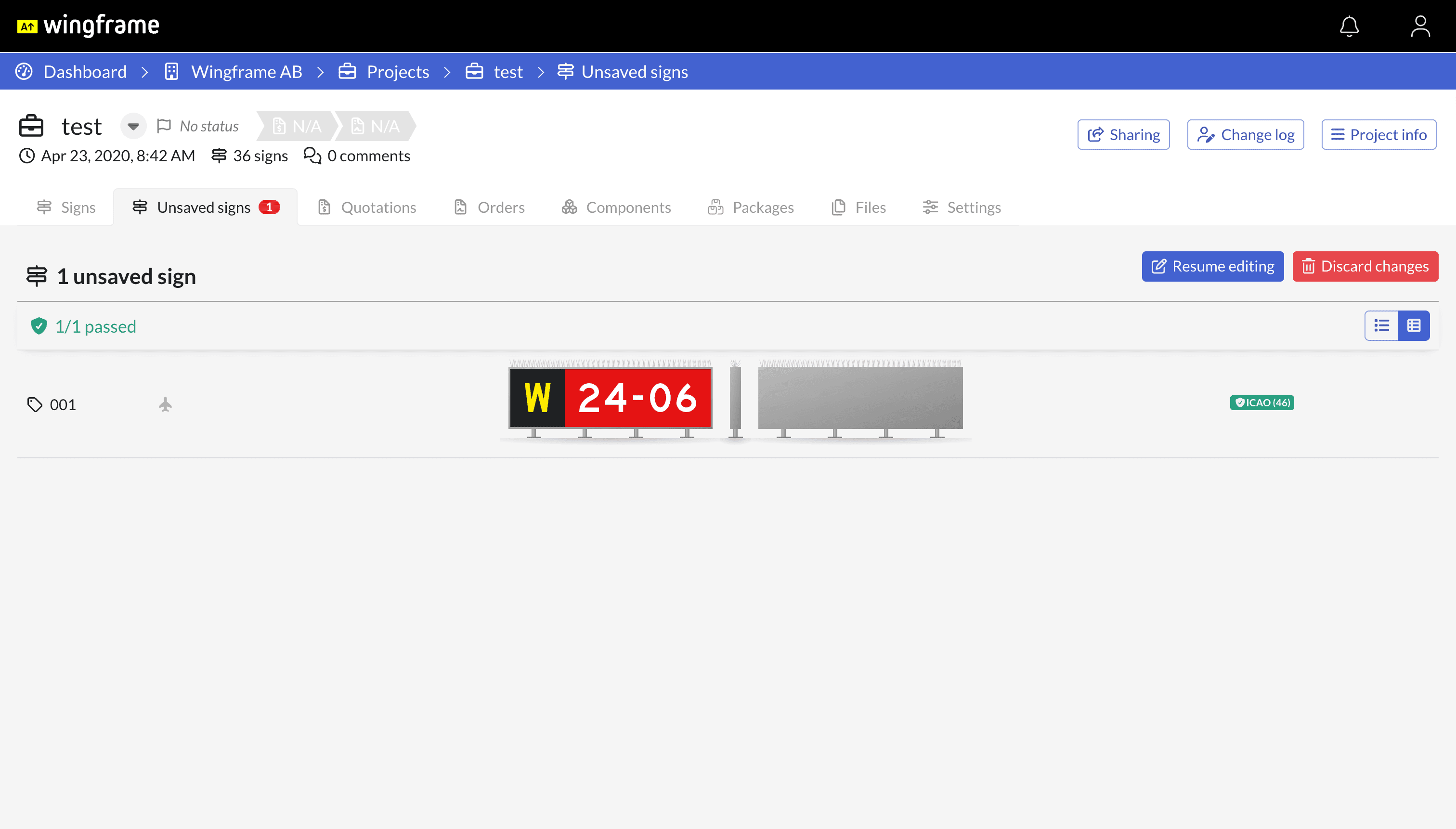 The Unsaved signs tab listing a sign with changes that have not been saved yet